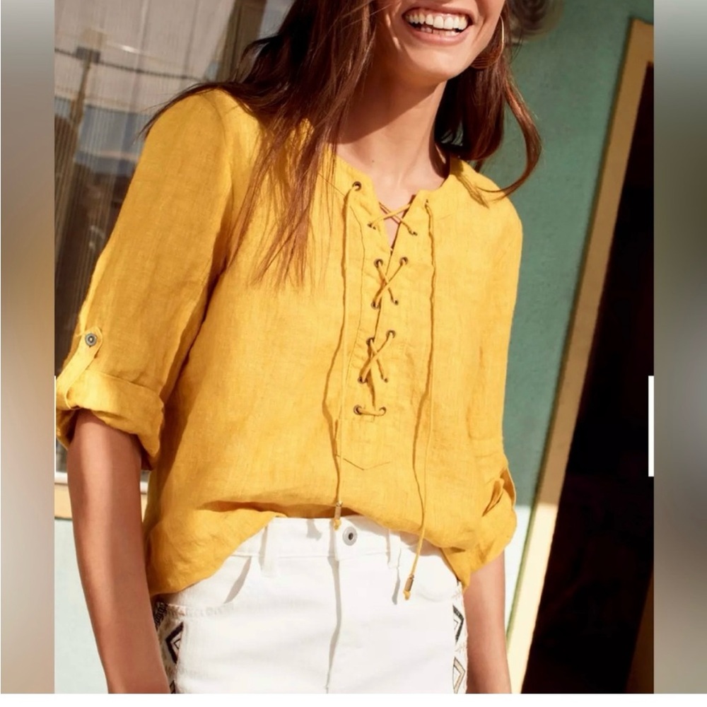 Anthropologie Mustard Lace-Up Blouse